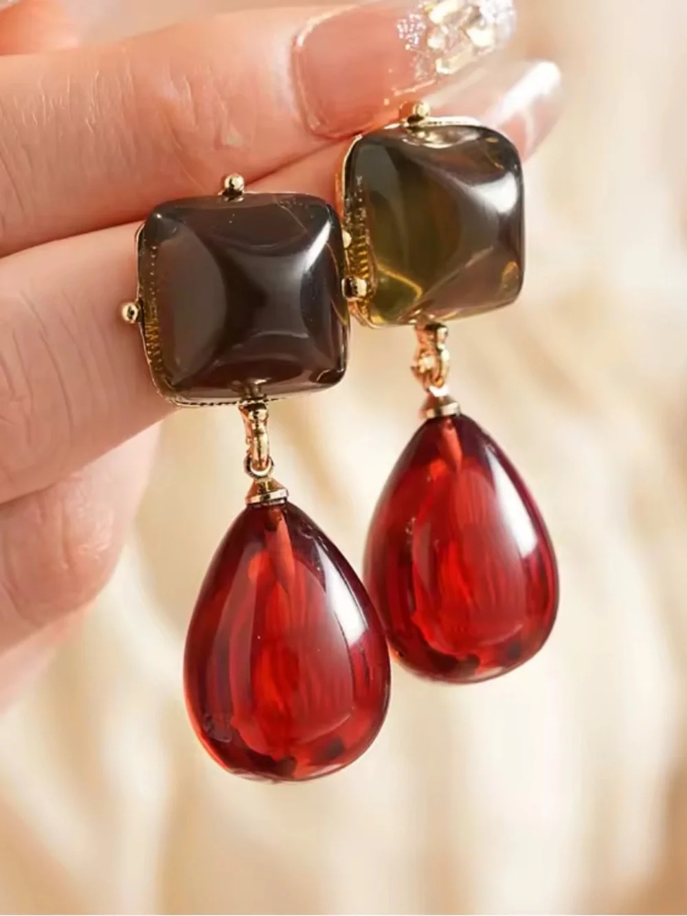 Vintage Gold-Tone Earrings with Smoky Top and Deep Red Teardrop Dangles